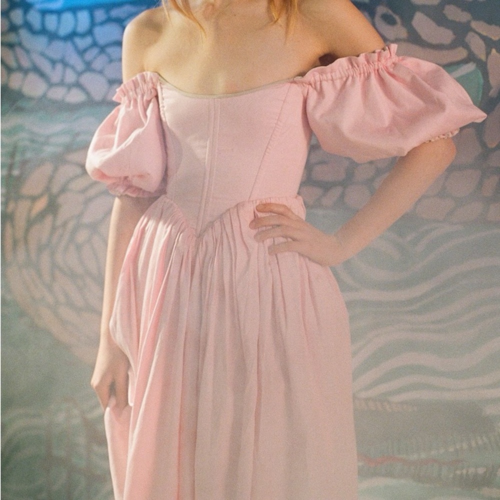 OFFICESEVEN pink corset dress, pink peasant dress, cottage core dress
